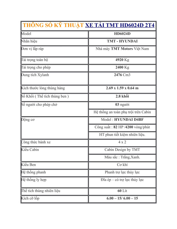 Xe Ben Cửu Long TMT 2T4 - HD6024D